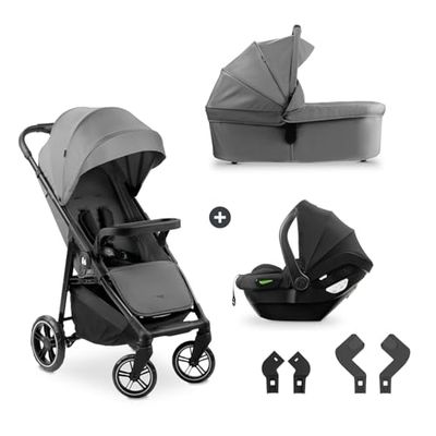 hauck Carro Bebe 3 Piezas Shop N Care Trio Set - Set de Carrito 3 en 1 con Cochecito, Silla de Coche y Silla de Paseo desde el Nacimiento hasta 22 kg, Compacto, Reclinable, Protección UV 50+ - Gris