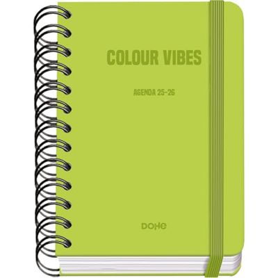 Dohe - School Planner 2025 2026 - Day per Page, A6 Size (12x17 cm), Spanish and English, Double Spiral Binding and Elastic Band, Hard Cover, 4 Sticker Sheets - COLOUR VIBES Lime
