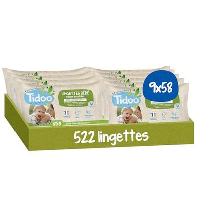 TIDOO- Lingette Bébé peaux sensibles- Sans Parfum - Lingettes Nettoyantes Sans Alcool Made in France - Soin Bébé Peaux Normales & Fragiles - 9x58 Lingettes Désinfectantes