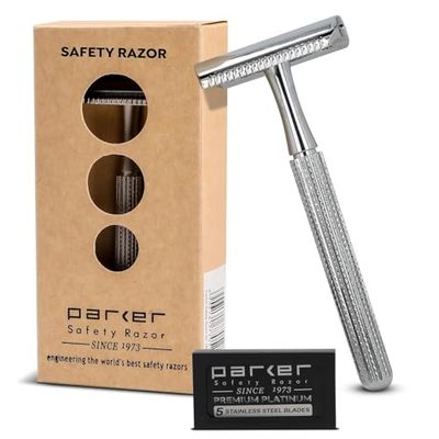 Parker, rasoio di sicurezza a pettine chiuso in 3 pezzi modello 78R con 5 lame Parker in platino incluse (cromo ad alta lucentezza)