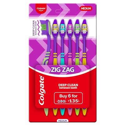 Colgate Spazzolino da denti a zigzag per Deep Inter Dental Clean con setole a zig-zag multi angolo (medio, confezione da 6)