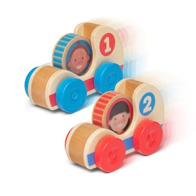 Melissa & Doug GO Tots Coches de carreras de madera, 2 coches y 2 discos con personajes adorables, Juguetes de madera para niños pequeños, Juguete de desarollo para bebés y primera infancia, 12 meses+