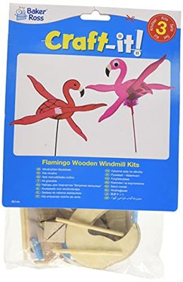 Baker Ross FE144 Kits de moulin à vent en bois flamants - Paquet de 3, pour les projets d'arts et d'artisanat pour enfants, artisanat en bois pour les enfants à décorer, personnaliser et afficher