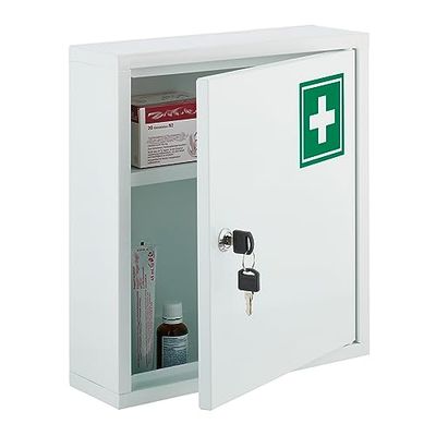 Relaxdays Armadietto Pronto Soccorso per Medicinali, Cassetta con Chiusura di Sicurezza, 36 x 31,5 x 10 cm, Bianco Verde