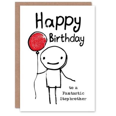 Artery8 Happy Birthday Card to a Fantastic Stepbrother Stick Man Red Balloon Simple