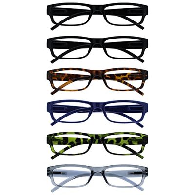 OPULIZE Ace Reading Glasses 6 Pack Classic Everyday Narrow Frame Scratch Resistant Spring Hinges Black Brown Blue Green Grey Mens Womens RRRRRRR32-112367 +2.50