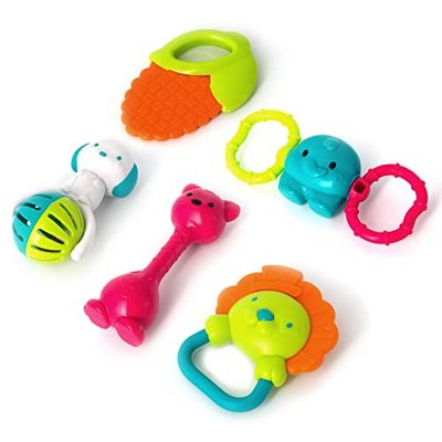 auby Set de 5 sonajeros y Anillos de dentición - con Caja de Almacenamiento, Juguetes bebé 3 4 5 6 7 8 9 10 11 12 Meses