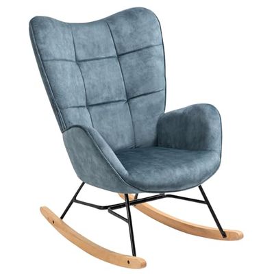 MEUBLE COSY Fauteuil à Bascule Allaitement Chaise Loisir et Repos en Tissu avec Pieds en Bois Métal pour Salon, Chambre, Le balcon, Bleu