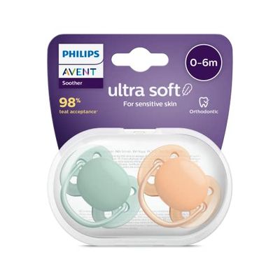 Philips Avent Lot de 2 sucettes ultra-douces sans BPA pour les bébés âgés de 0 à 6 mois, Vert/Orange (modèle SCF091/03)