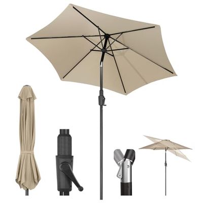 Sekey® Parasol de marché avec manivelle et bascule automatique, pour terrasse, balcon et jardin, résistant au vent et stable UPF 50+, taupe, rond