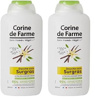 Corine de Farme - Producto de Ducha Supergraso con Extracto de Vainilla - pH Neutro, 95% Ingredientes de Origen Natural, Clean Beauty, Fabricado en Francia - 500 ml (Paquete de 2)