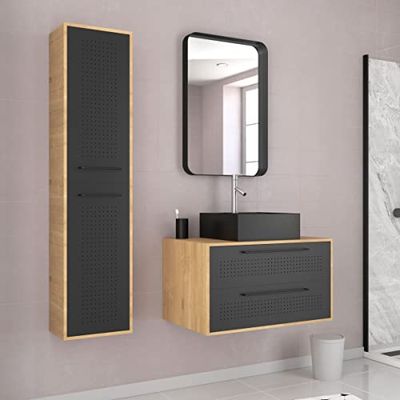 AURLANE Meuble Salle de Bains 80 cm, Vasque Carrée, Miroir et Colonne - Chêne Naturel et Noir - UBY