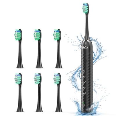 Brosse à Dent Électrique Soniques pour Adultes Enfant - Brosse A Dent Electrique avec 6 Têtes, 5 Modes, 4 Heures Charge et Utilisation 180 Jours, Brosses à Dents Ultrasoniques, Noir