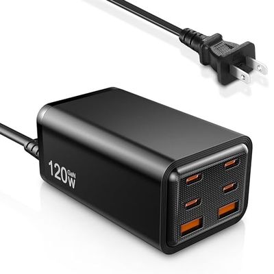 USB C-oplader, 120 W USB C-voeding, 6-poorts USB-oplader, meervoudige snellader, GaN-oplader, compatibel met mobiele telefoons, iPad Pro/Air, iPhone 15 Pro Max/14 Pro Max/14/13/12/11, Samsung Galaxy
