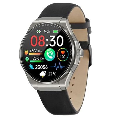 Knauermann PRO 3 (2024) zilver - gezondheidshorloge smartwatch met telefoonfunctie - ECG + HRV en SOS-functie - AMOLED-display, BT Bluetooth - slaapapneu - echt lederen band zwart, 14-24, rond, zwart,