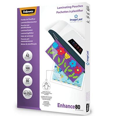 Fellowes A3 Laminating Pouches - Gloss Finish - 25 Sheets, 160 Micron (2 x 80 Micron) High Quality Finish with Image Last Directional Quality Mark - Ideal for Photos and Notices