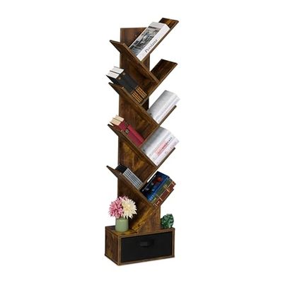 Relaxdays Estantería Libros, 9 Estantes, Librería Árbol, 146 x 38 x 22 cm, para CDs y DVDs, Salón, con Cajón, Marrón, Tablero de Fibras, Cartón, Tela no Tejida