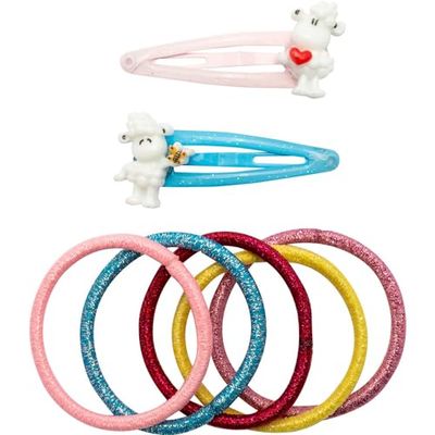 Sheepworld Juego de accesorios para el pelo con diseño de oveja, juego de regalo con 2 pinzas de pelo con purpurina y 5 gomas para el pelo, regalo de cumpleaños infantil, bolsa escolar, niña | 70113