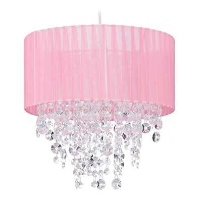 Relaxdays Lampadario con Cristallo, Paralume in Organza Attacco E27, Salotto, Lampada da Soffitto, HxD 122 x 32 cm, Rosa