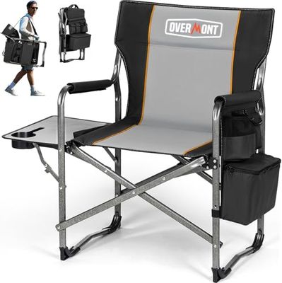 OVERMONT Chaise De Camping Pliable - Fauteuil De Régie Pliable - Supporte Jusqu'à 180 Kg - Chaise Pliable avec Table Latérale Et Sac Isotherme pour Camping Pêche Festival Noir