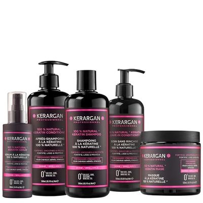 Kerargan - Set Ultra Riparatore Shampoo, Balsamo, Maschera, Siero & Leave-In alla Cheratina - Rinnova & Protegge Capelli Danneggiati - Senza Solfati, OGM, Silicone - 3x500 ml + 100 ml + 350 ml