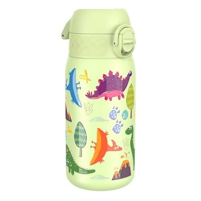 ION8 Lichtgewicht Stalen Kinderwaterfles, 400 ml/13 oz, Zonder Isolatie, Lekvrij, Makkelijk te Openen, Veilige Vergrendeling, Vaatwasserbestendig, Flipdop, Draaggreep, Duurzaam, Dinosaurussen