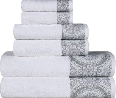 Superior Medallion Turkish Cotton Highly Absorbent 6-Piece Jacquard Towel Set, Face Towels 13” x 13”, Hand Towels 16” x 28”, Bath Towels 27” x 54”, White-Silver, 6-Pieces