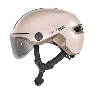ABUS HUD-Y ACE cityhelm - stijlvolle fietshelm met vizier en magnetisch, oplaadbaar LED-achterlicht - voor mannen en vrouwen - beige, maat L