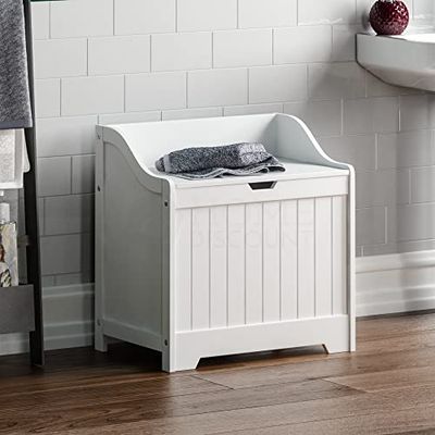Bath Vida Home Discount Priano Meuble de Rangement pour Salle de Bain avec Panier en Bois Coffre à Linge 58 x 56 x 38 cm Blanc