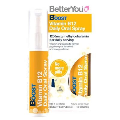BetterYou Vitamin B12 Oral Spray, High Strength Methylcobalamin Supplement, 1200mg per dose to Boost Energy, Natural Apricot Flavour, 48-Day Supply