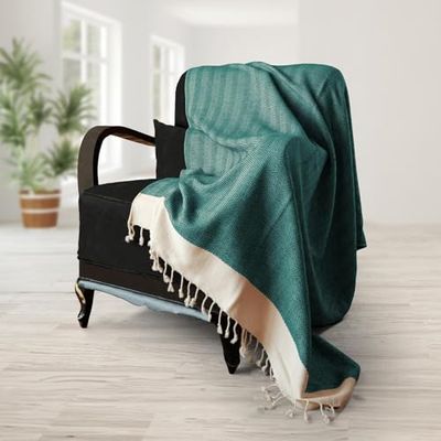 SMYRNA TURKISH COTTON Herringbone Series Throw Blanket 100% Cotton | Large 152 x 205 cm Wearable Cosy Blanket |Made in Turkey|Machine Washable|Premium Luxury Bath Towel&Picnic Rug-Petrol