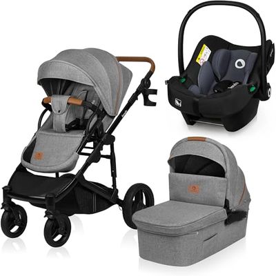 LIONELO MARI TOUR 3en1 Poussette Canne Bébé jusqu'à 22 kg Nacelle Siège-auto Réglage du Dossier Pliable Ceintures à 5 points, Roues Tout Terrain 360° Poussettes Combinées (Grey)