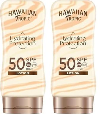 Hawaiian Tropic Hydrating Protection Sunscreen SPF 50 UVA Plus UVB Protection, 180 ml, 12-Hour Moisturisation with Cocoa & Shea Butter, Water Resistant, Vegan (Pack of 2)