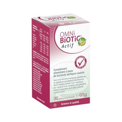 OMNi BiOTiC Actif | 30 doses (60g) | 11 souches bactériennes | 10 milliards d’UFC par dose journalière | En poudre | Végétalien | Pour une utilisation quotidienne
