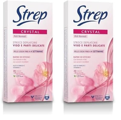 Strep Strisce Depilatorie Viso e Parti Delicate Crystal, Formula in Gel, non occorre Riscaldarle, Pelle Morbida e Setosa fino a 4 Settimane, 20 Pezzi (Confezione da 2)