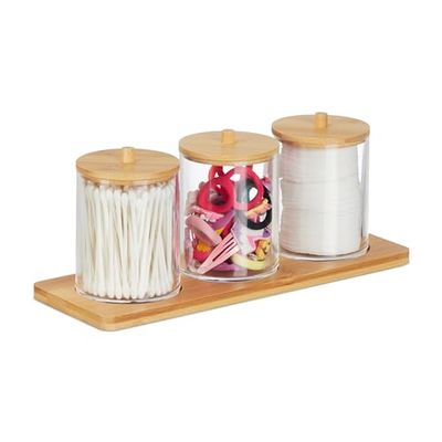 Relaxdays Pots à Cotons-tiges avec Tablette, 3 récipients avec couvercles, Plastique/Bambou, Transparent - Nature