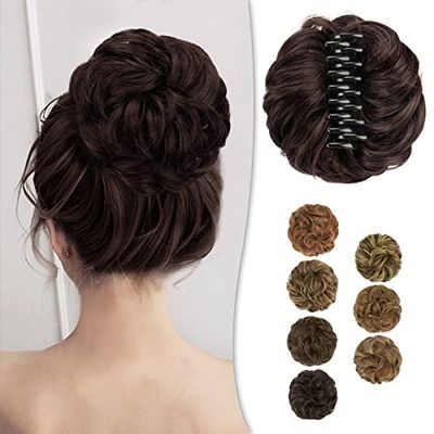 BARSDAR Claw Clip Messy Bun Hairpiece, Clip in Hair Scrunchies Curly Synthetic Hair Bun Extensions for Women Ponytail Updo Hair Donut Chignon, 2/33 Natural Black mix Chestnut Brown Evenly, 1.0 count