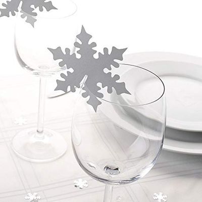 Neviti Shimmering Snowflake-Place Card for Glass-Silver, Wood, 7.5 x 0.1 x 8.5 cm