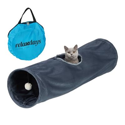 Relaxdays Tunnel pour Chat, en Peluche, Pompon Suspendu, Jouet Petits Animaux, L x D : env. 88 x 25 cm, Gris