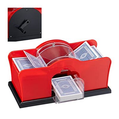 Relaxdays Mixeur de cartes 10031555, 2 jeux, manivelle, mixeur manuel pour cartes à jouer jusqu'à 91 mm, plastique, rouge/noir