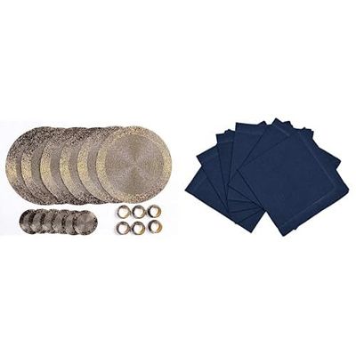 Penguin Home Set of 24 Beaded Placemat coaster Napkin Rings and Cotton Napkins-Antique Gold/Navy