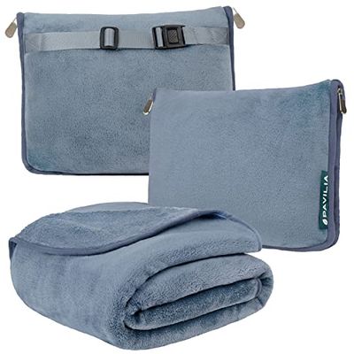 PAVILIA Couverture de voyage douce 2 en 1 - Couverture d'avion compacte et compacte - Oreiller de voiture essentiel pour voyage - Accessoires cadeaux pour voyageurs - Sangle de sac à dos pour bagage