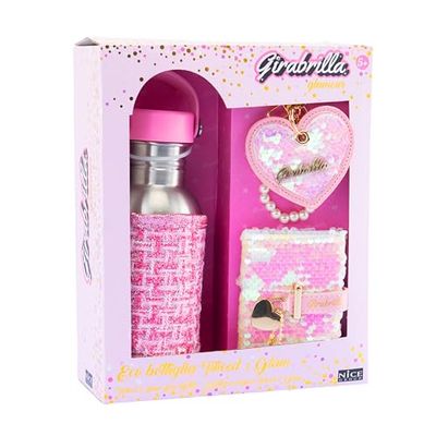 Girabrilla Botella Tweed Set, 1 paquete con agenda, colgante de corazón y botella ecológica
