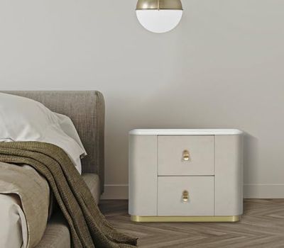 Dmora - Comodino Berra, Comò basso, Tavolino da notte, Mensola da letto, 60x40 h47 cm, Crema e Oro