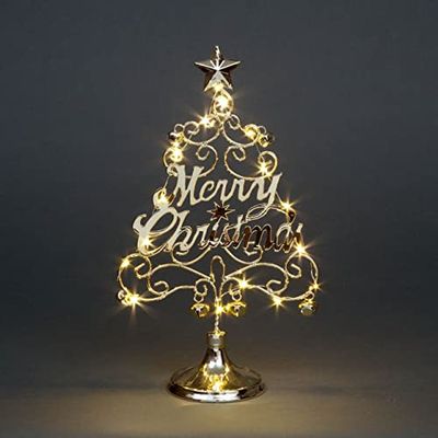 SHATCHI Pre-Lit Table Top Golden/Silver Tree Cool Bells Star Festive Xmas Holiday Home Office Novelty Decorations, Metal, Gold W/Warm White LEDs, 17.5 Inch Merry Christmas