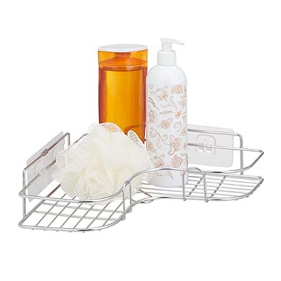 Relaxdays Mensola Portaoggetti Doccia, Acciaio Inox, Senza Trapano, Angolare, Supporti Adesivi, 7x26,5x26,5, Argentato, 7 x 26,5 x 26,5 cm ca