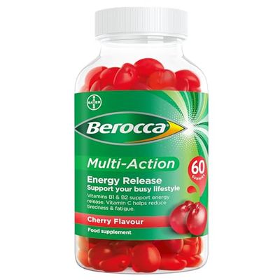 Berocca Multi-Action Multivitamin Gummies - Including Vitamin D, C, A, B-Complex (B1, B2, B3, B6, B7 & B12), E - Supplement for Women, Men and Kids - 60 Gummies - Cherry Flavour