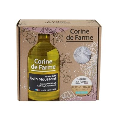 Corine de Farme - Set Baño de Burbujas - 1 Baño de Espuma 1 L + 1 Jabón Sólido 3-en-1 Rostro, Cuerpo y Cabello 75 g + 1 Flor de Ducha - Fragancia Vainilla