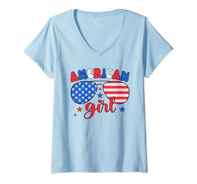 Donna Retro American Girl 4th of July USA Flag Sunglasses Maglietta con Collo a V