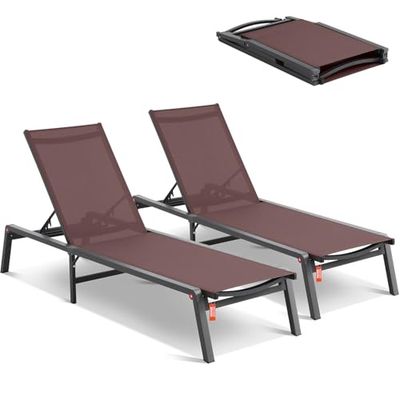 VEVOR Chaise Lounge Chairs Outdoor, Aluminum Patio Chairs with Adjustable 5-Position, Folding Pool Chair Recliner and Full Flat Tanning Chair for Patio, Beach, Pool, Brown, 2 pcs